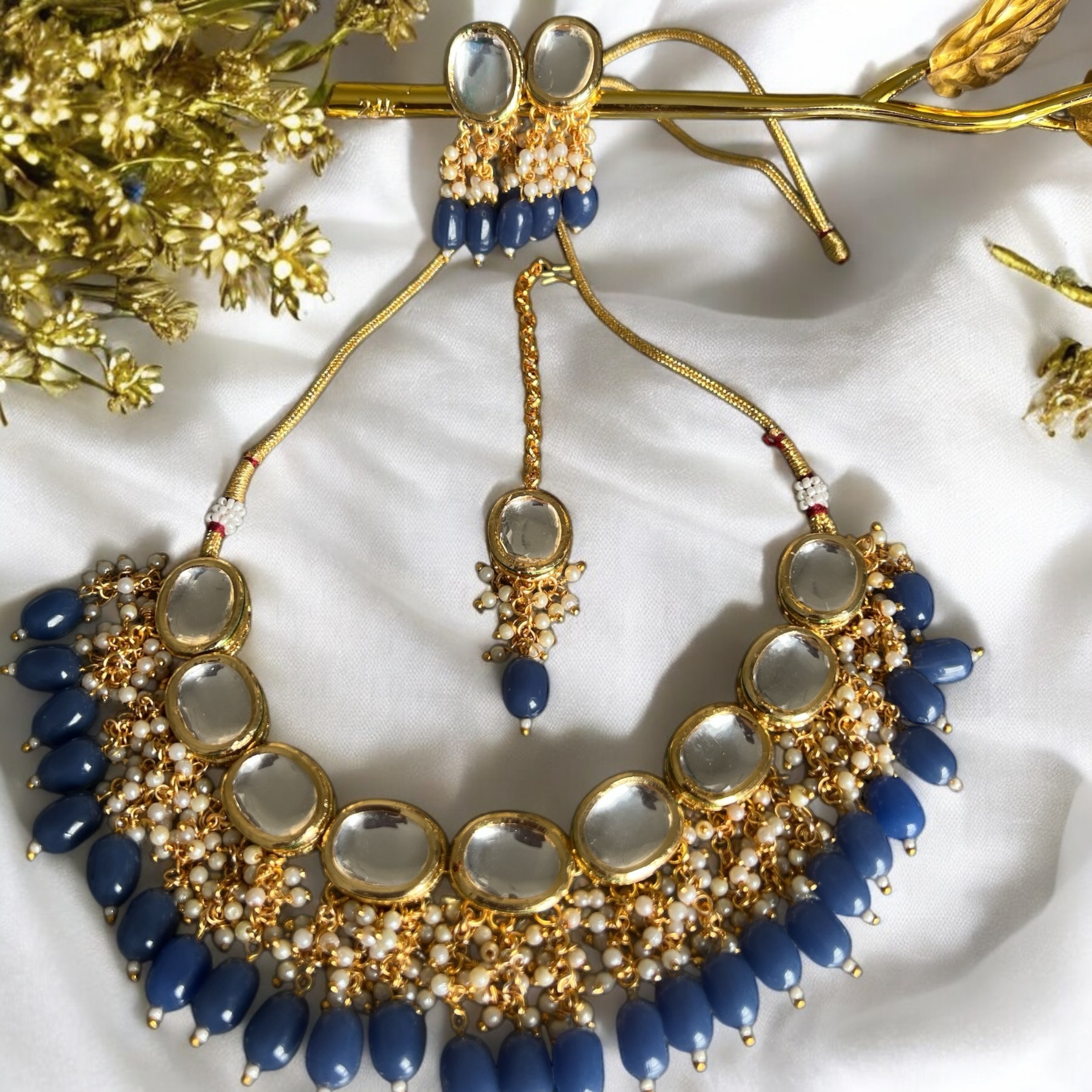 Blue Pearl & Enamel Kundan Necklace Set – Regal Grace with a Modern Hue