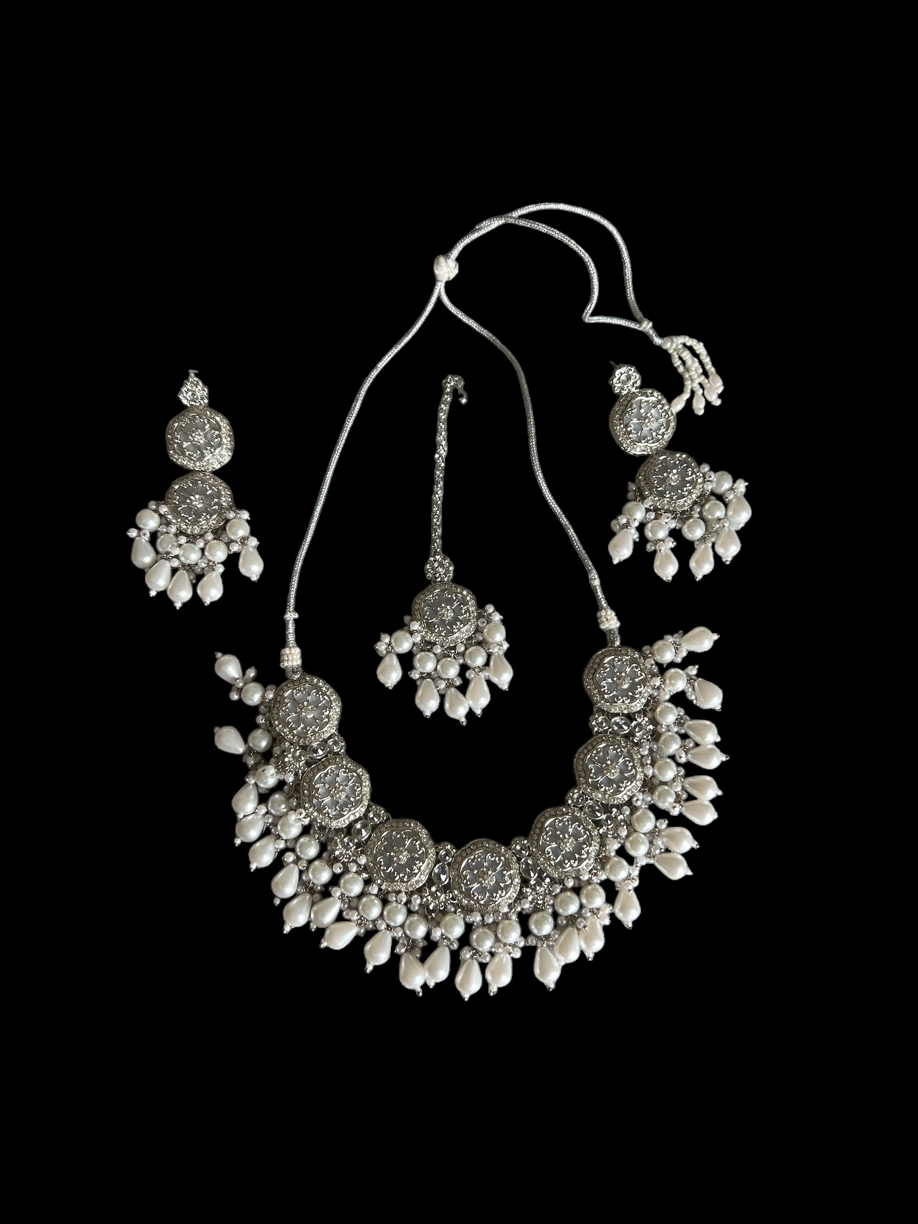 White Pearl & Silver Floral Necklace Set – Timeless Elegance in Bloom
