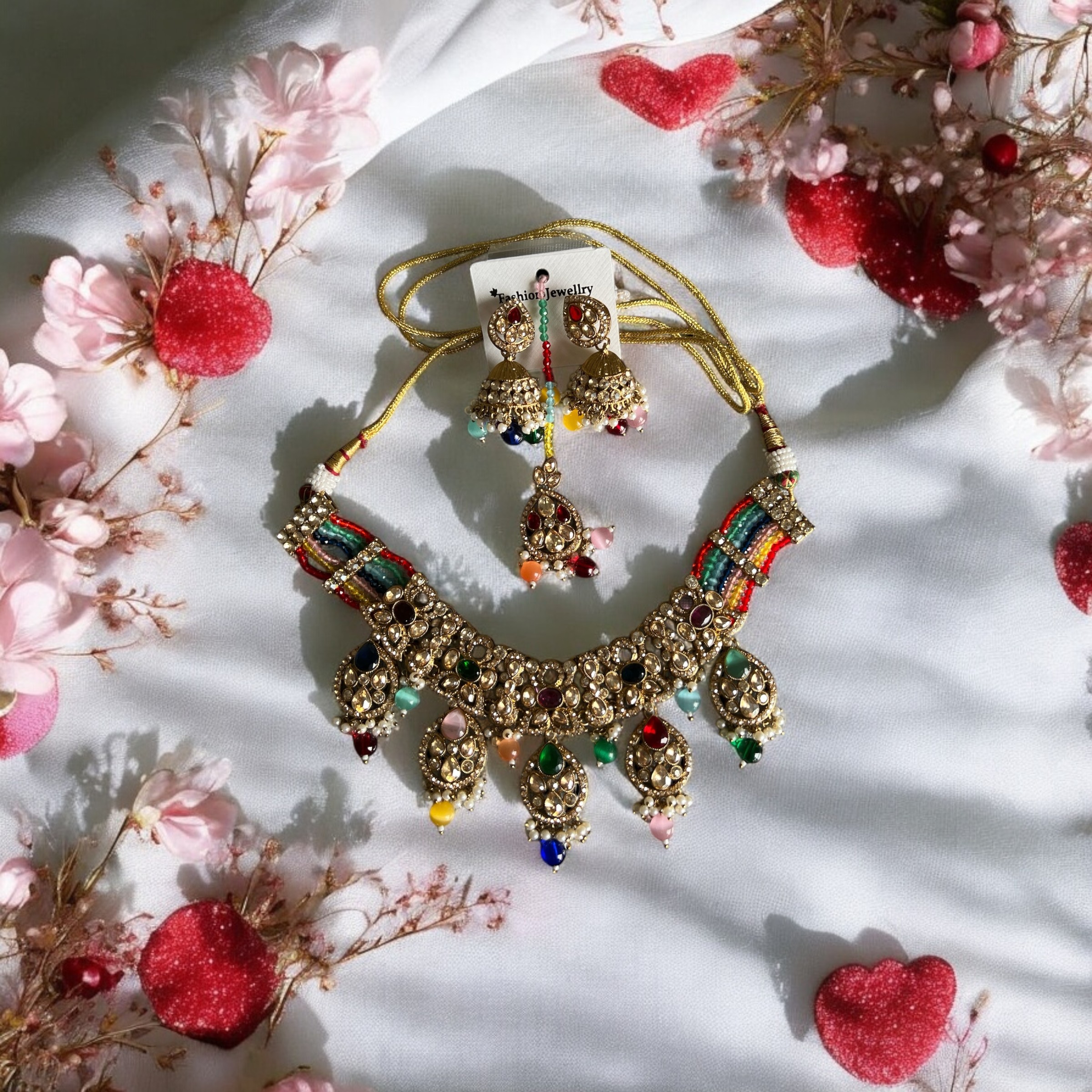 Multicolor Stone & Gold Necklace Set – A Symphony of Color and Tradition