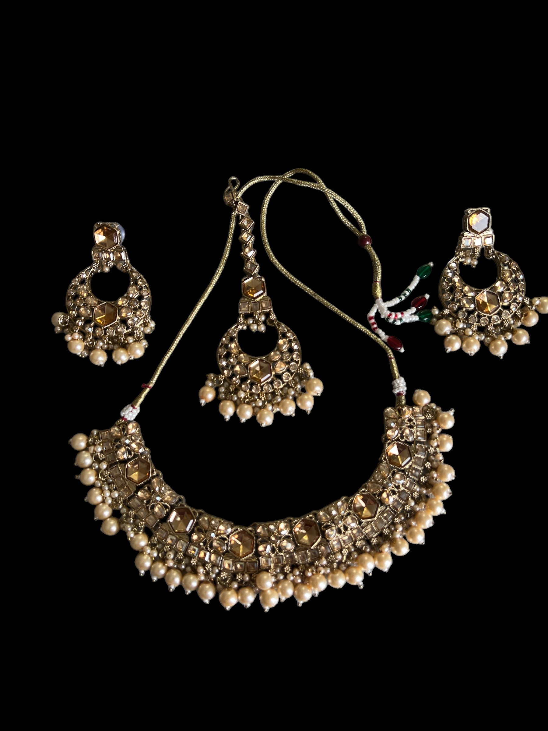 Golden Pearl & Stone Necklace Set – Radiance in Every Detail