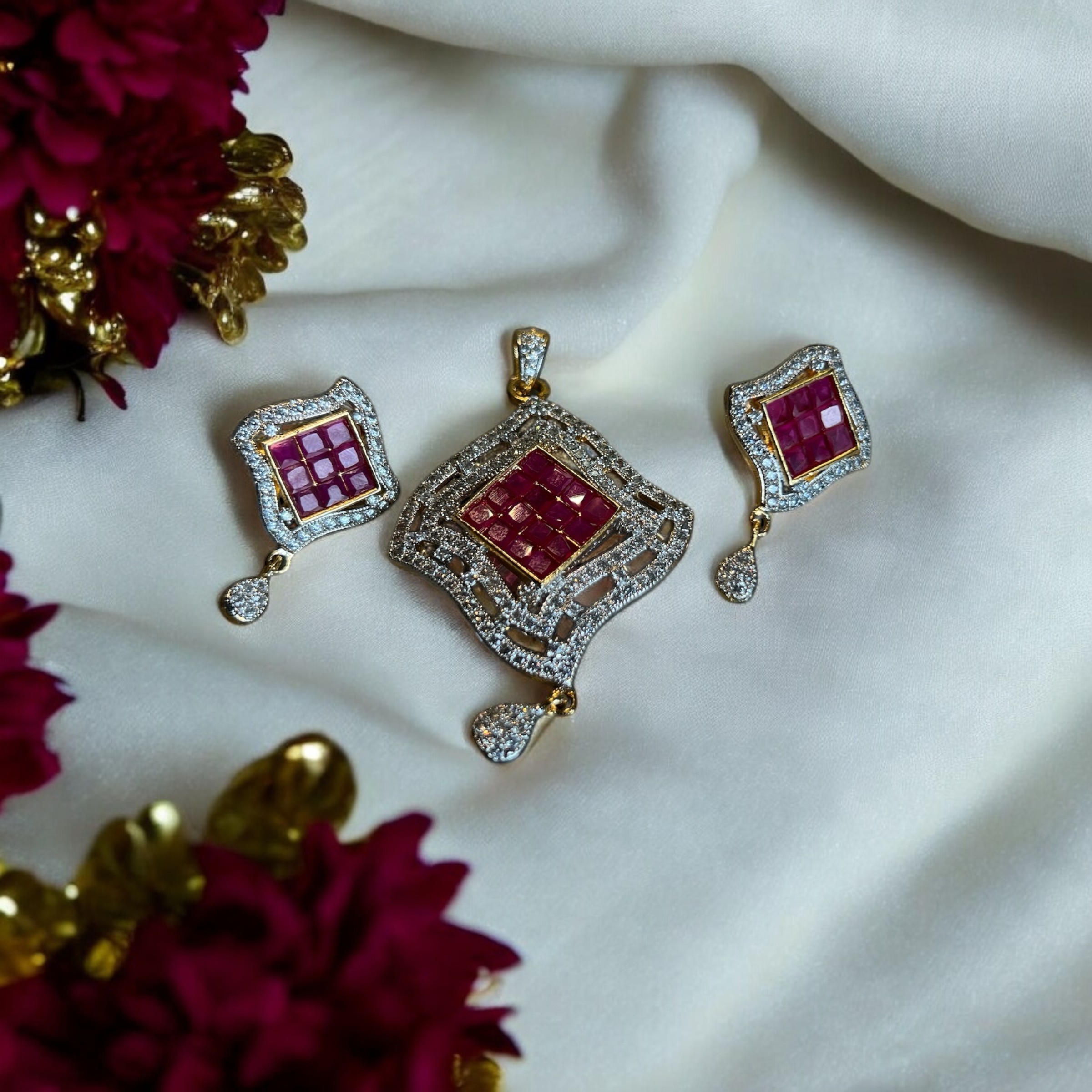 Red Ruby Premium AD Pendant Set – A Symbol of Passion and Royalty