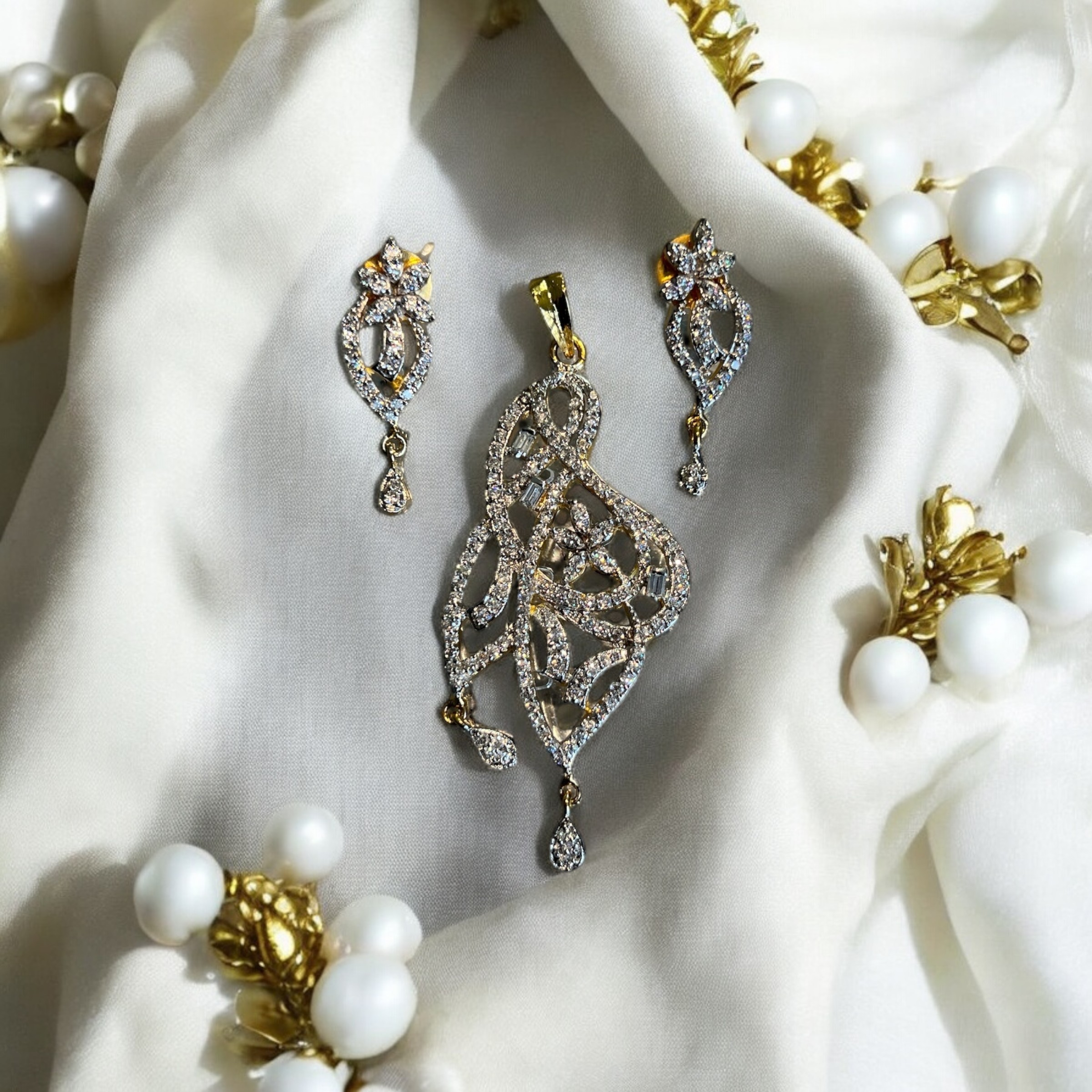 Mini Floral AD Golden Premium Pendant Set – Bloom with Sparkle