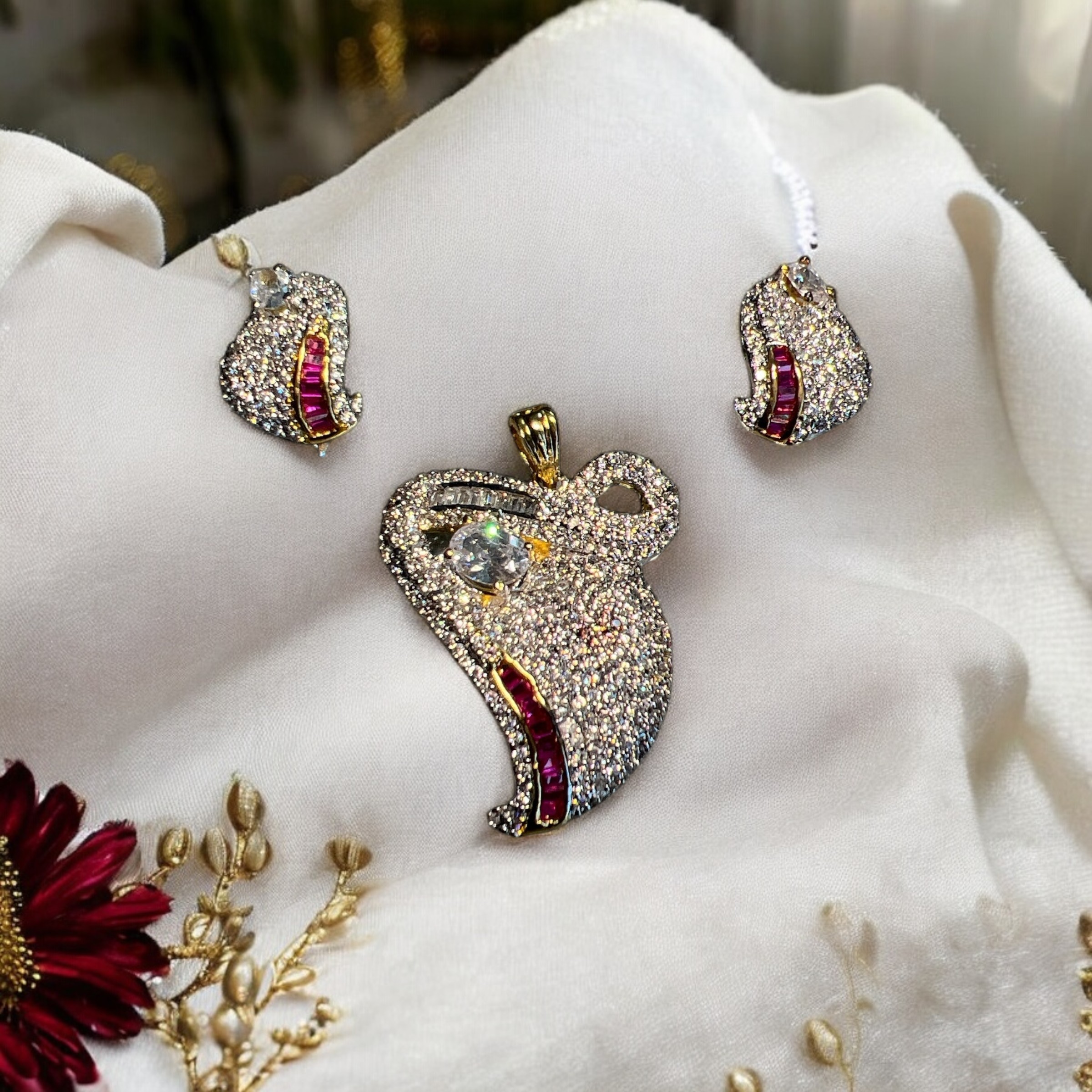 Mini Ruby & AD Golden Premium Pendant Set – Petite Grace, Royal Glow